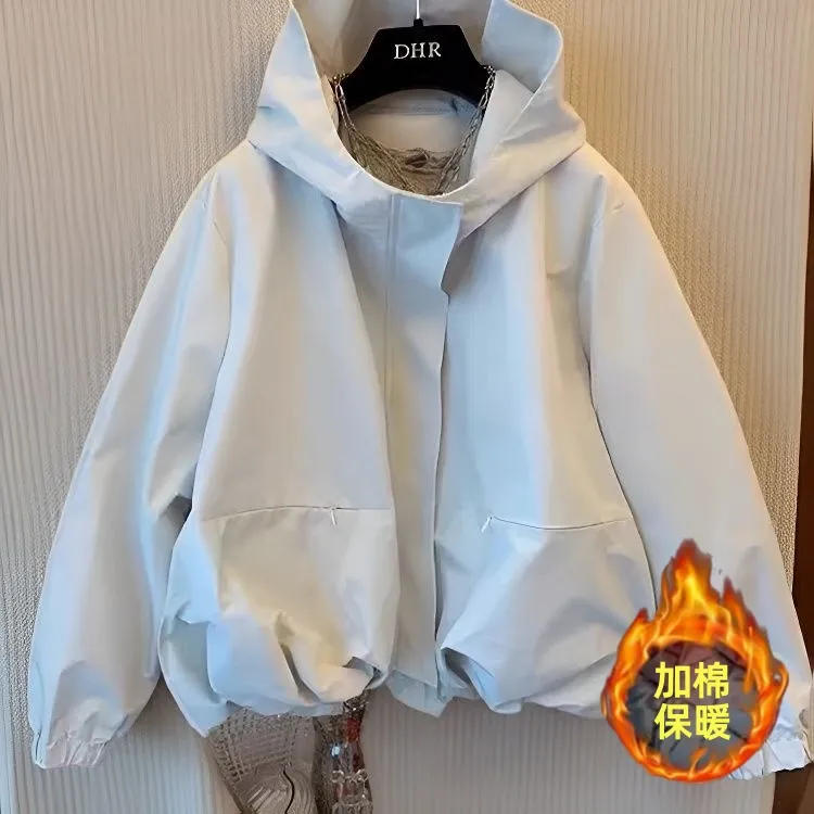 欧货高端冲锋衣女连帽显瘦宽松短款休闲风衣秋冬加棉加厚夹克外套