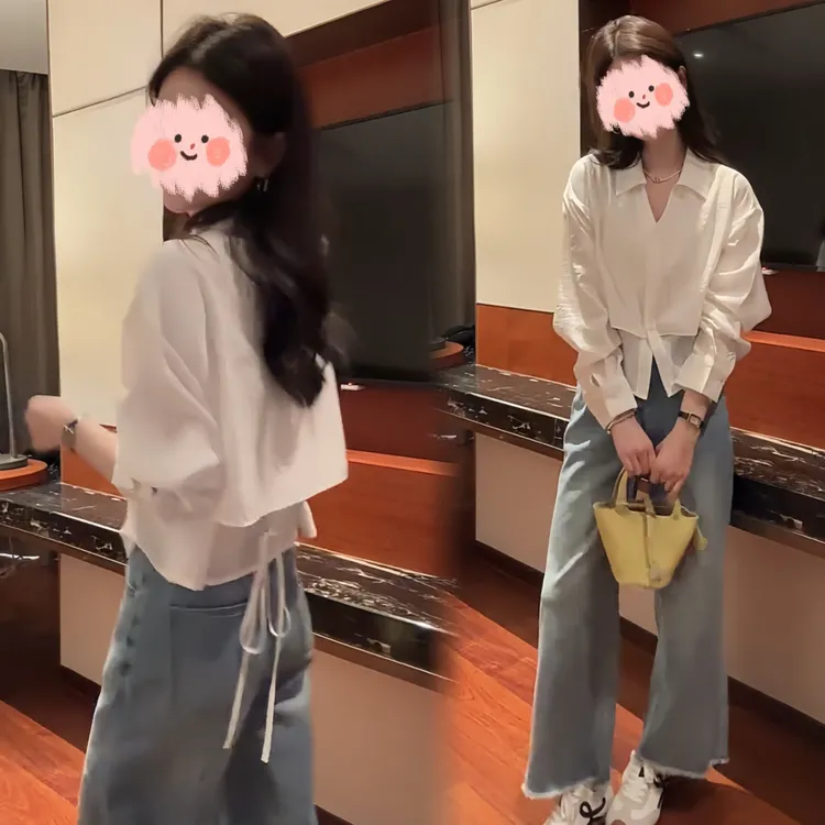 早春新款不规则后绑带设计百搭长袖假两件防晒衫小清新外出修身女