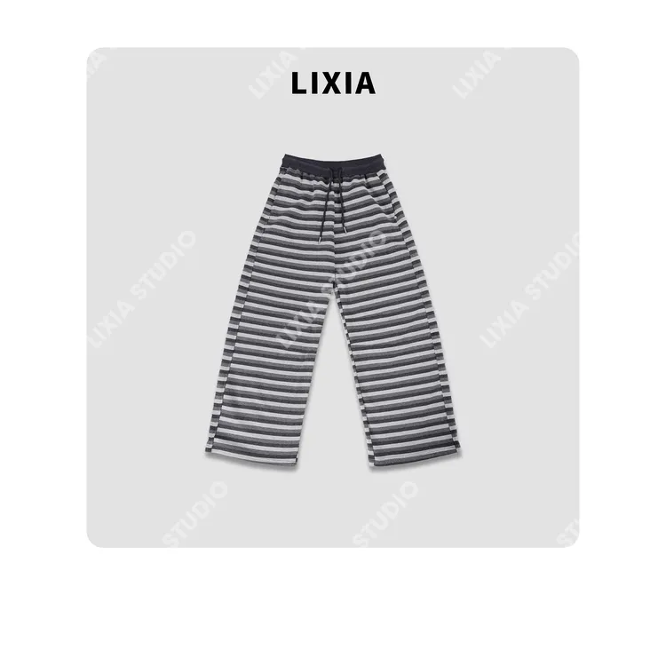 LIXIA【条纹格调】ins风时尚休闲街头灰条加厚阔腿长裤卫裤-D10076