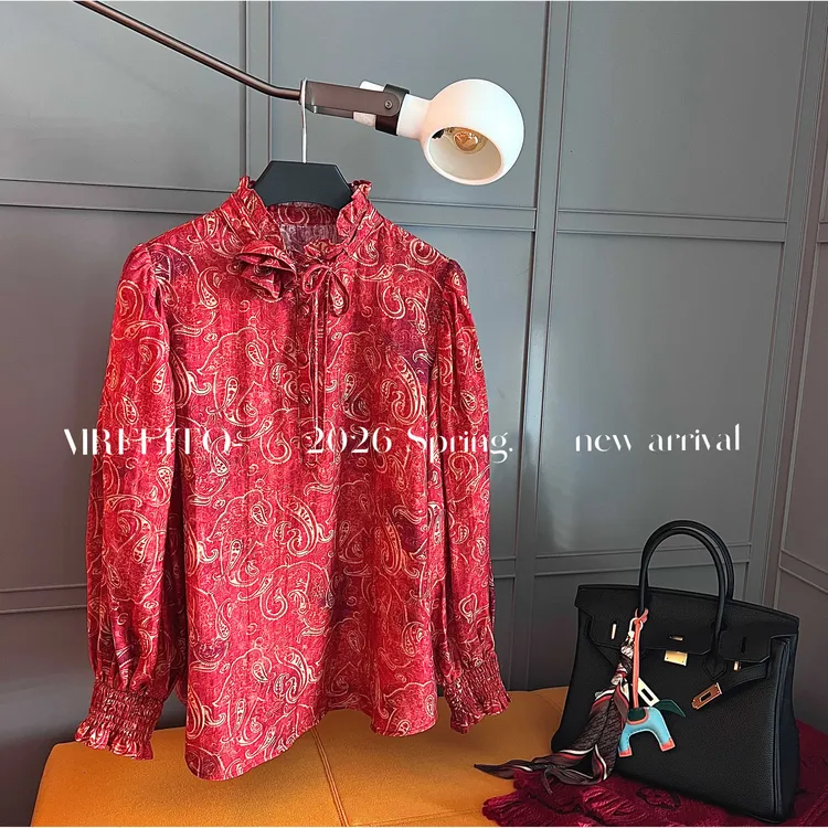 【一捻红】民族风腰果花优雅小立领花朵天丝亚麻衬衫H17C03C36277