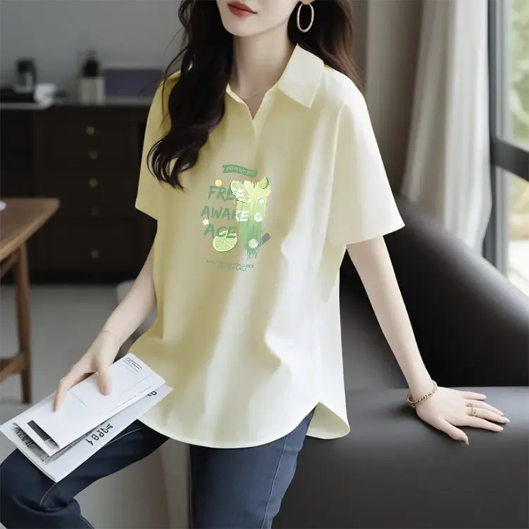 大码女装polo衫新款短袖t恤显瘦藏肉减龄洋气设计感翻领印花上衣