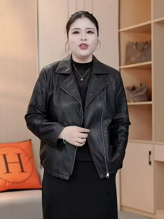 JUNJIE胖mm韩版百搭夹克宽松外套显瘦西装领水洗软皮皮衣