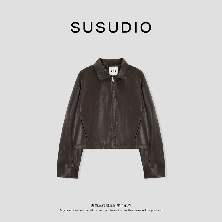 SUSUDIO  早秋韩系气质翻领修身百搭机车皮衣外套 C3003