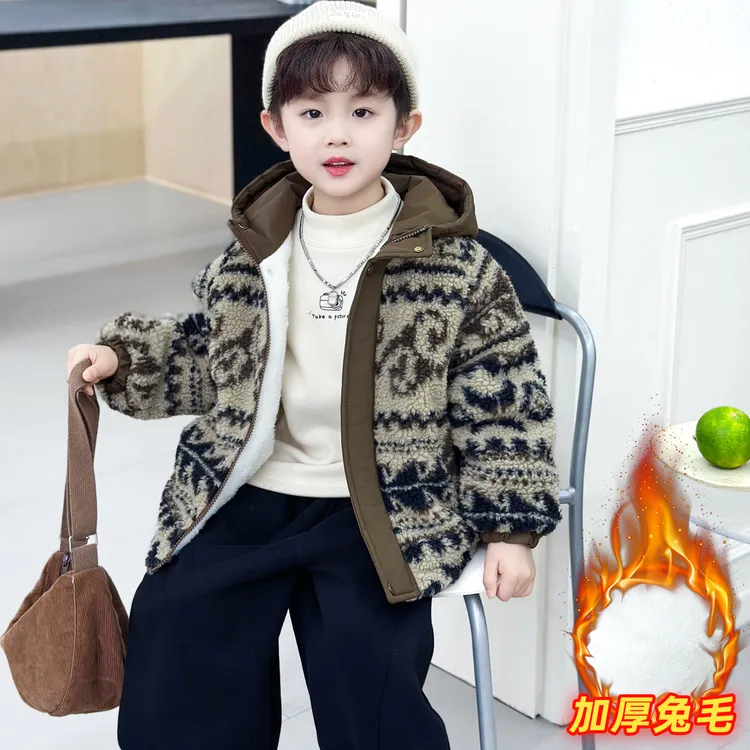 儿童冬季豹纹毛毛衣外套2025新款韩版加绒棉袄羊驼绒保暖格子裤潮