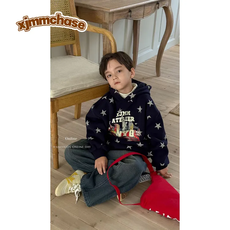 虾酱麻麻男童加绒卫衣秋冬装2025新款男孩洋气卡通儿童装连帽上衣