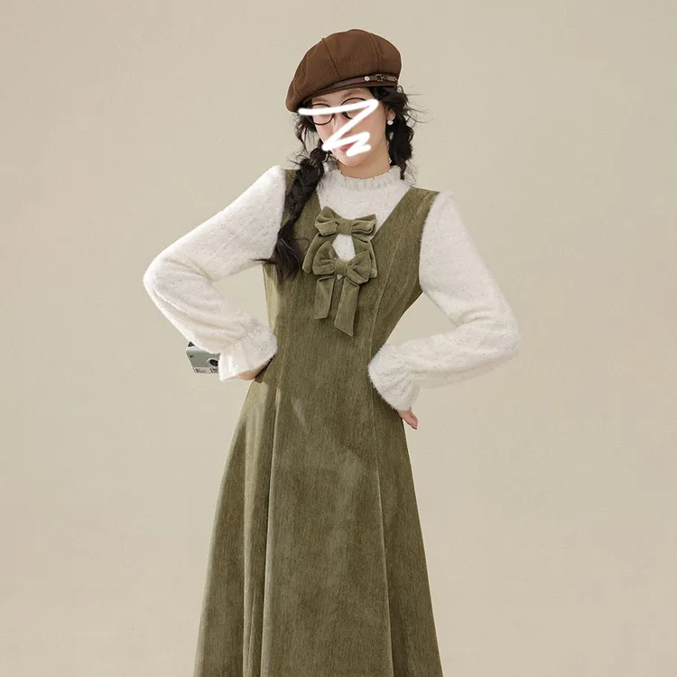 2025早秋季新款假两件法式复古长袖连衣裙子女秋冬季气质收腰长裙