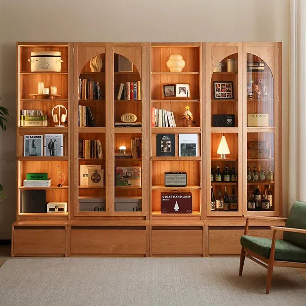 满墙书柜展示柜落地书架樱桃木书柜实木组合柜简约书房置物架