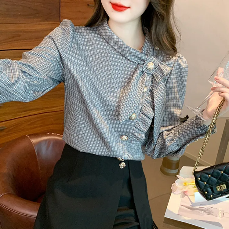 2025春秋新款高贵上档次格子衬衫女士泡泡袖法式上衣复古长袖衬衣
