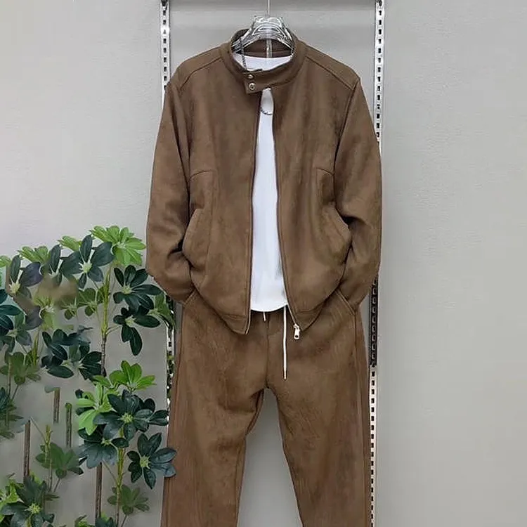【精品】秋季新款鹿皮绒夹克套装男士时尚休闲百搭宽松束脚裤两件套