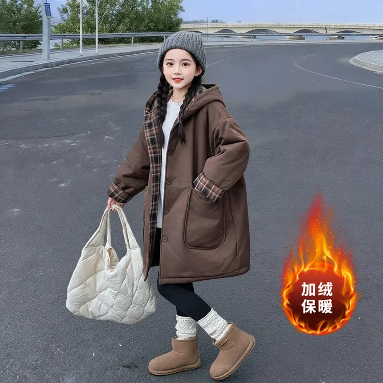 女童冬季中长款双面穿加长棉服2025新款韩系大童女孩加厚连帽外套