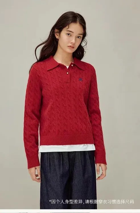 新年款100%澳洲纯羊毛秋冬新款文艺范POIO领麻花刺绣羊毛衫毛衣