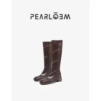 PEARLOEM  棕色真皮方头粗跟包腿显瘦弹力靴中筒骑士靴XS083