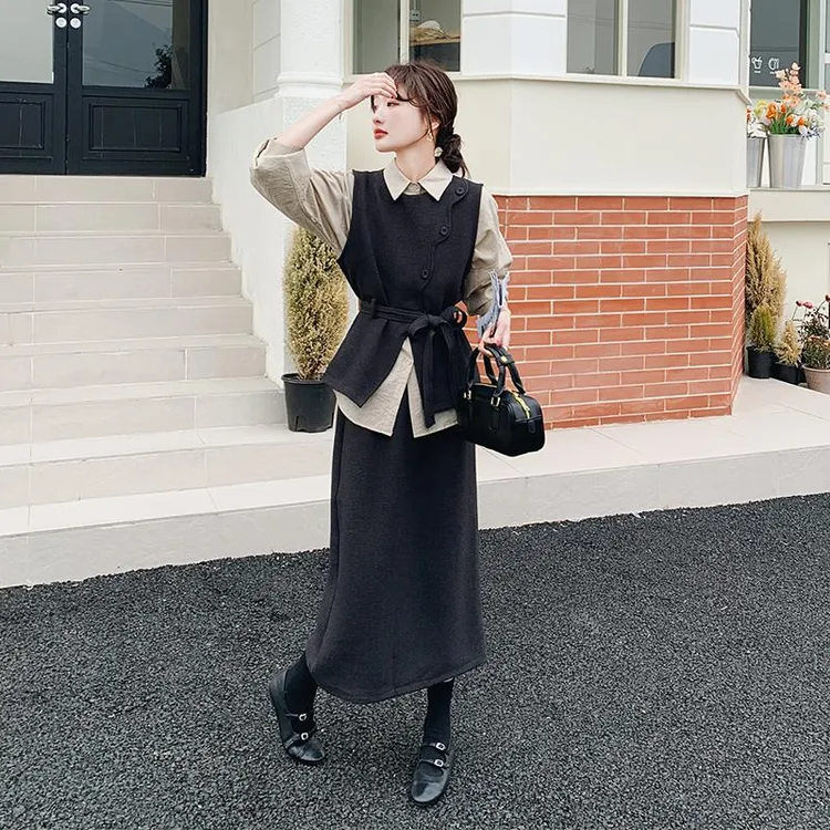 开春穿搭一整套时尚套装裙女春2025新款马甲衬衫半身裙超火三件套