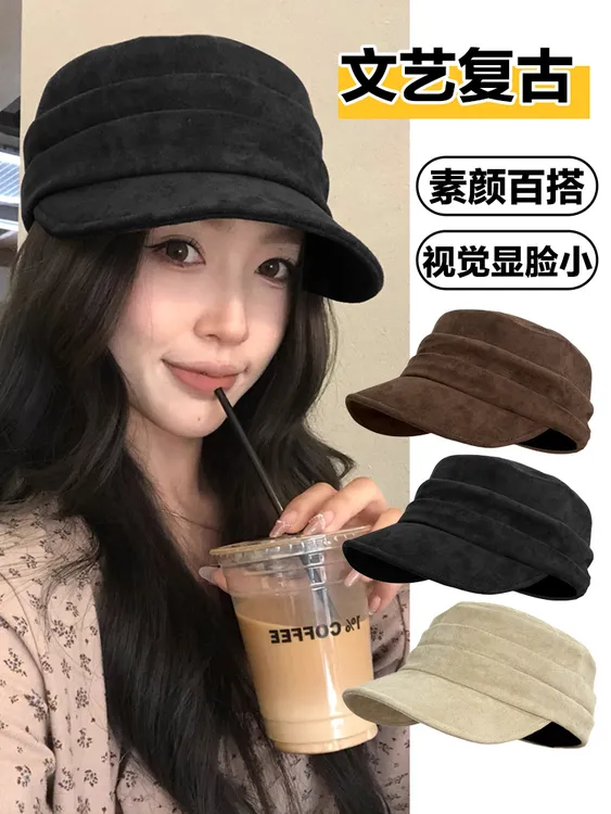 复古平顶马术帽大头围翻毛皮褶皱贝雷帽秋冬画家中古风报童帽大码