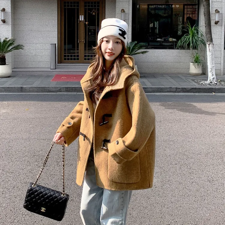 牛角扣连帽双面羊绒大衣女短款小个子2025新款韩系宽松羊毛呢外套