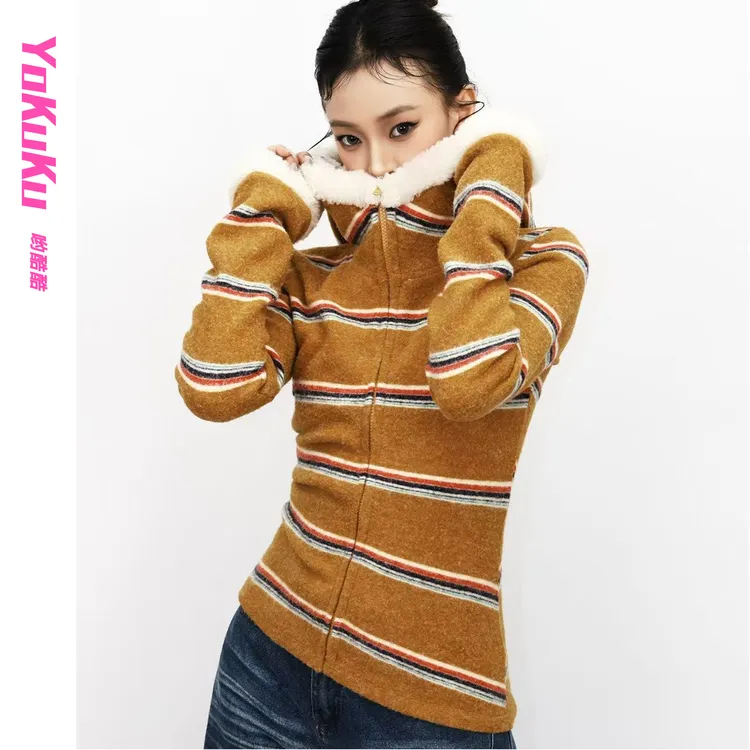 哟酷酷（自有温度）美式亲肤保暖独立设计定制条纹连帽显瘦拉链开衫
