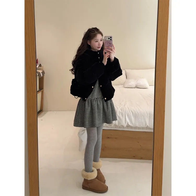 MARIE.COCO韩系高级感丝绒棉服外套女上衣高腰格纹半身裙秋冬套装