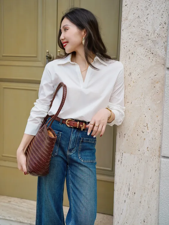 poloV领纯棉白色衬衫上衣女2025新款爆款高级感通勤白领休闲百搭