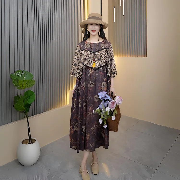 韩意新中式圆领提花中国风连衣裙中长款气质轻奢夏季大码显瘦印花