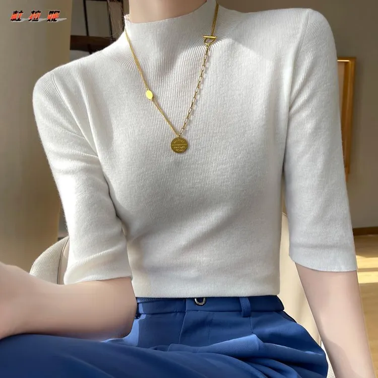杜拉妮半高领五分袖针织衫女薄款2025秋季修身中袖上衣内搭打底衫