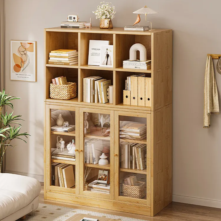 全实木收纳储物柜子书架带门自由组合床尾杂物柜落地家用防尘书柜