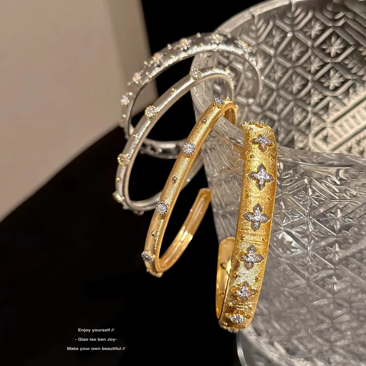 铜合金手镯 布契拉丝手镯开口意大利织金手链高级感闪锆复古手环