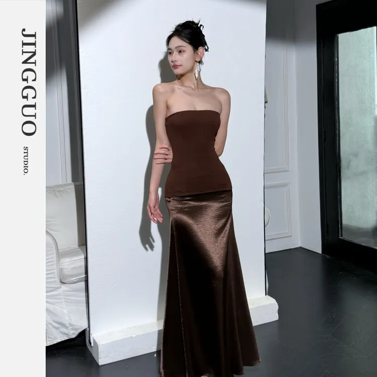 【JINGGUO轻奢】小众设计高级感辣妹长款复古气质抹胸连衣裙7341