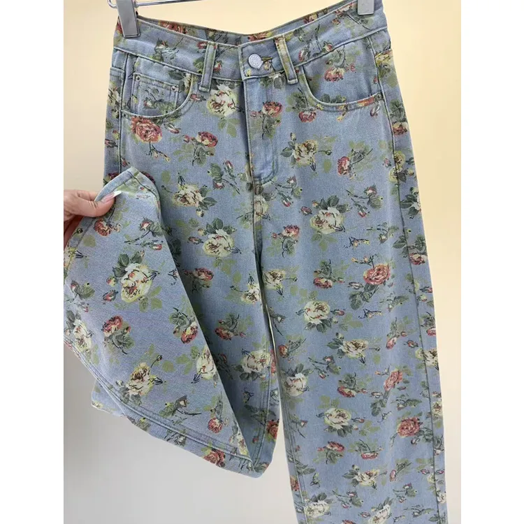 CJING2025春夏新款9023-1宽松直筒牛仔裤百搭扎染印花水洗女裤