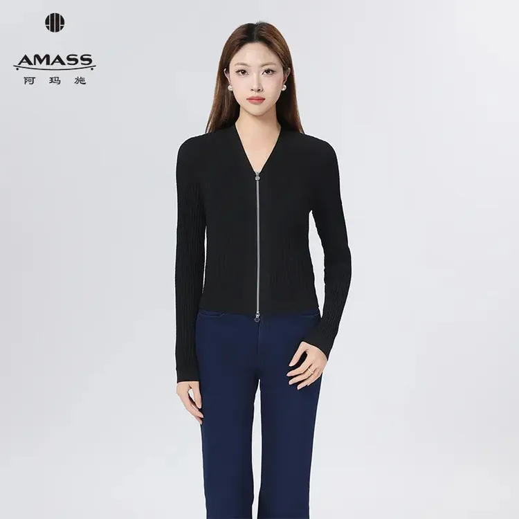 AMASS/阿玛施早秋新款548026外套极简风气质百搭针织衫拉链开衫