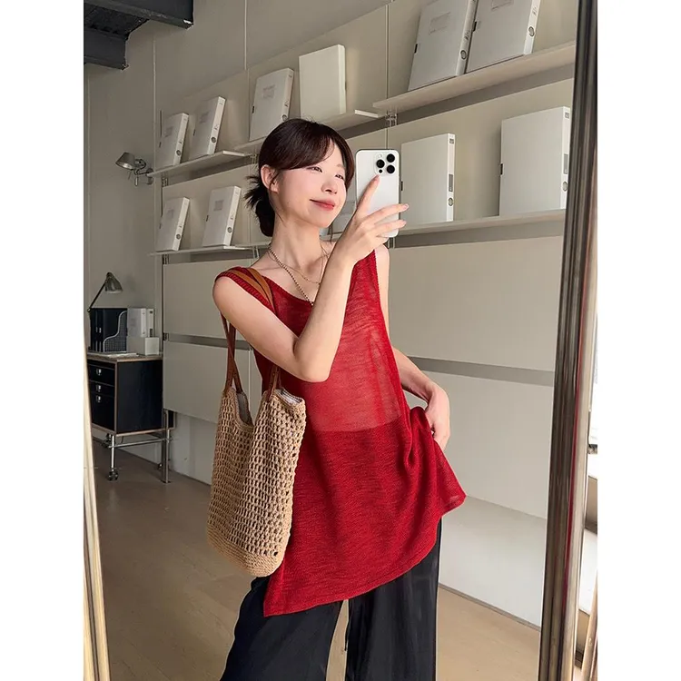 韩系后背系带冰丝针织背心女2025夏季新款气质微透中长款无袖上衣