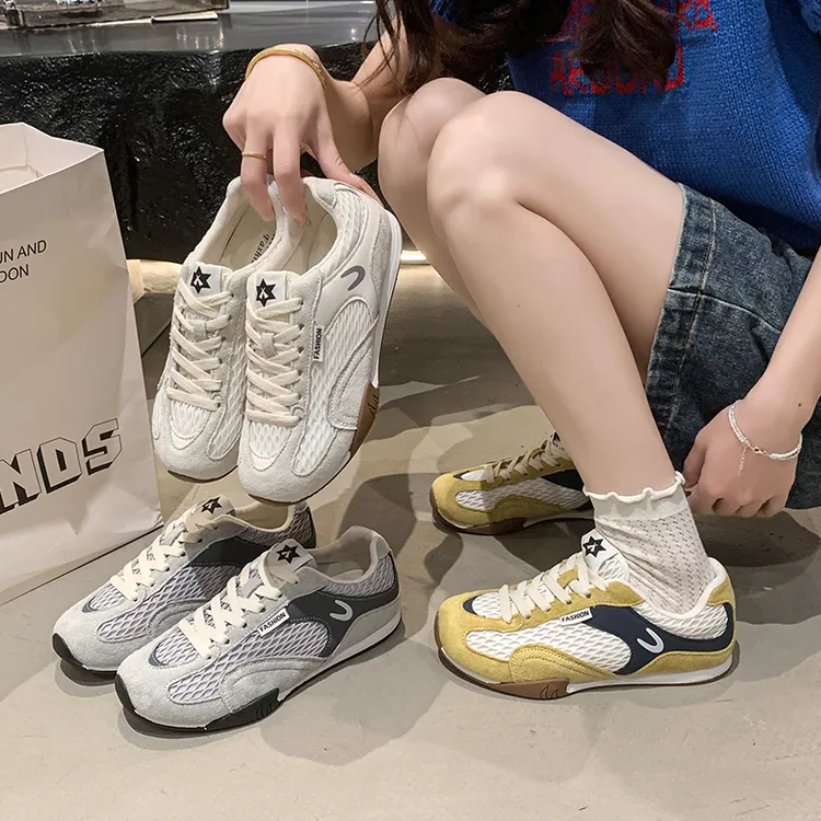 夏季网面透气德训鞋女2025新款百搭阿甘鞋圆头拼色平底休闲运动鞋