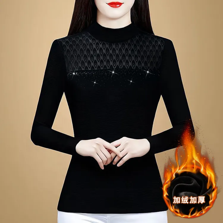 黑色蕾丝网纱上衣女半高领加绒打底小衫春秋冬新款妈妈装修身t恤