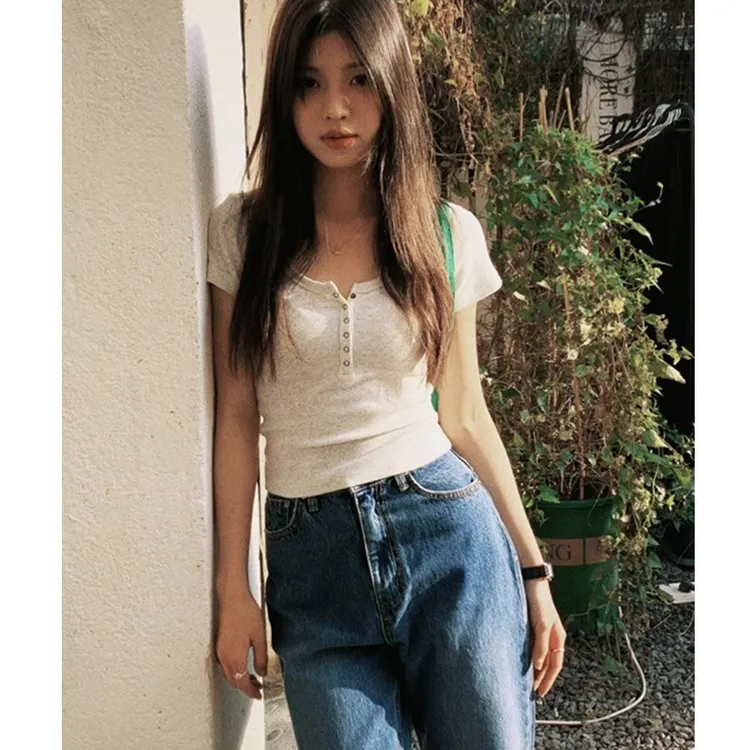 克正肩t恤花灰色短袖女夏季紧身辣妹小众高腰复古修身白色针织黑