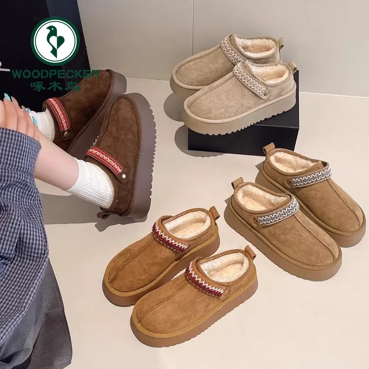 啄木鸟厚底雪地靴女毛毛鞋2025新款冬季加绒两穿女鞋一脚蹬棉拖鞋