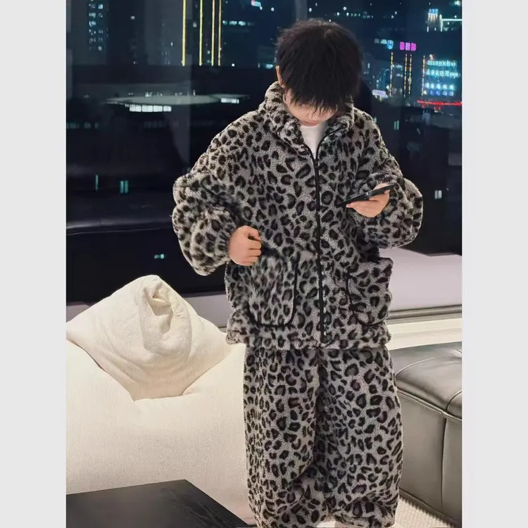 男童冬季加厚睡衣家居服套装2025新款中大童休闲保暖慵懒风睡服潮