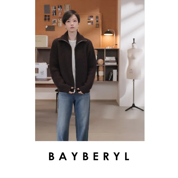 BAYBERYL老贝彩点绞花复古半拉链羊绒时髦针织衫ZZS5I2502-10/19