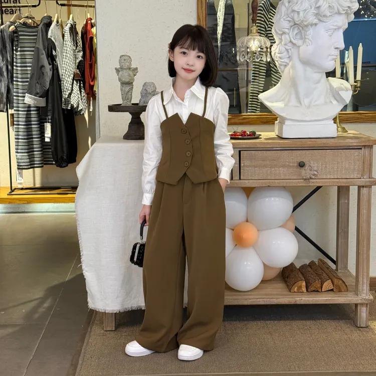 女童法式咖色假两件套装2025春秋新款中大童拼色上衣韩版宽松直筒