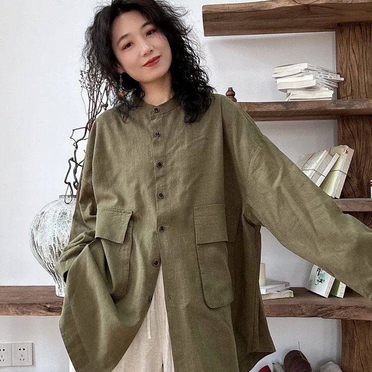 春季出行衬衫领宽松上衣欧若风外套立领长袖衬衫显瘦中长款