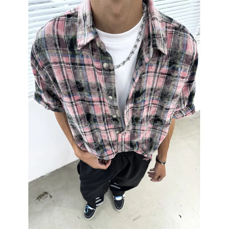 扎染水洗毛边格纹纯棉短袖衬衫男夏季美式潮牌宽松五分袖衬衣外套