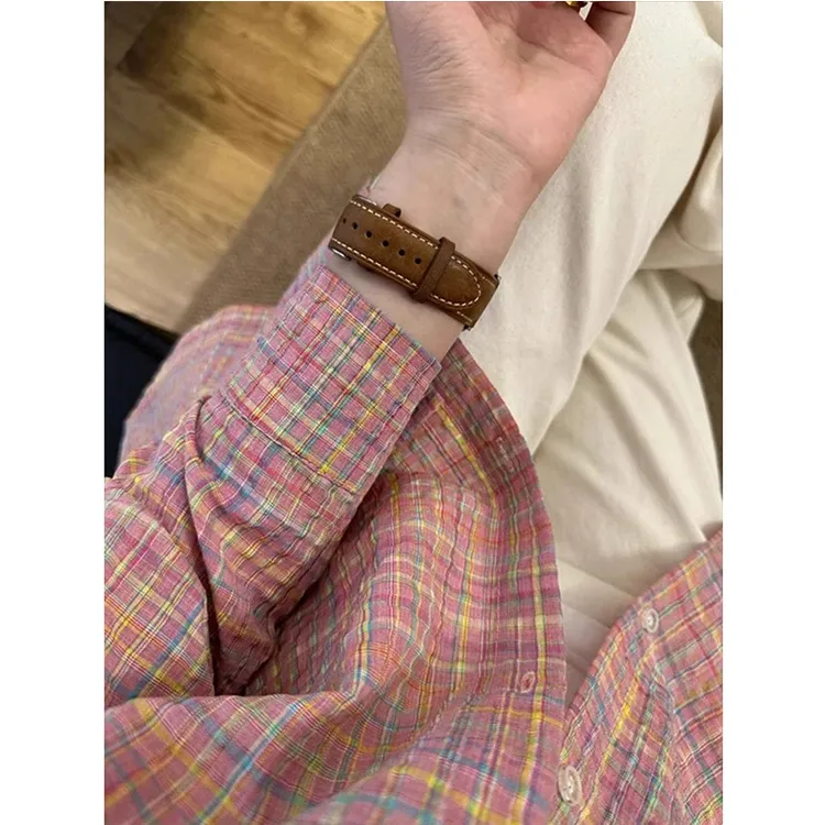 粉色格纹泡泡纱长袖衬衫男款春秋cleanfit美式衬衣高级感情侣外套