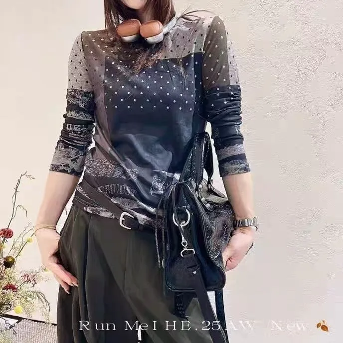 1522025秋新款韩版时尚百搭圆领长袖女修身图案打底衫上衣