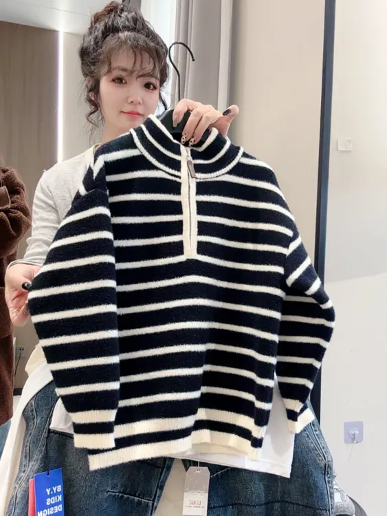 【不起球】男童韩国绒半拉链加厚条纹毛衣2025新款洋气百搭针织衫