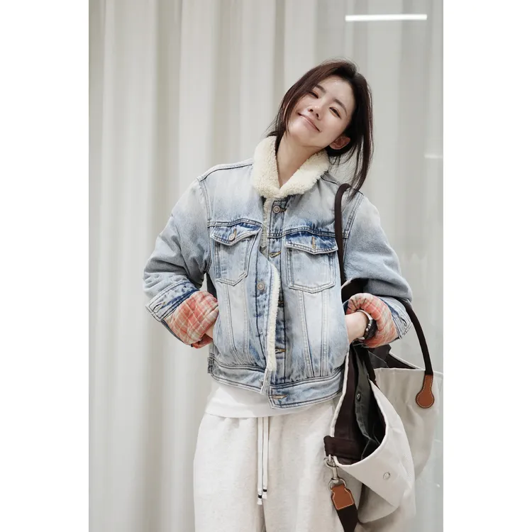 『小秋家』水洗洋羔毛领格纹复古港风合身短款夹棉牛仔棉服外套