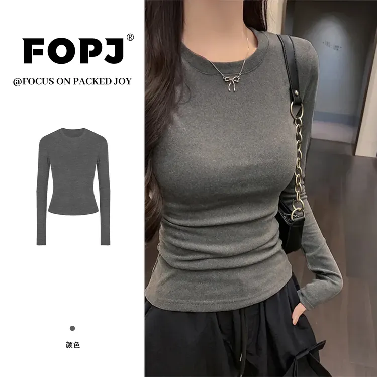 FOPJ春秋韩版时尚设计感修身显瘦加绒保暖百搭纯色紧身长袖打底衫
