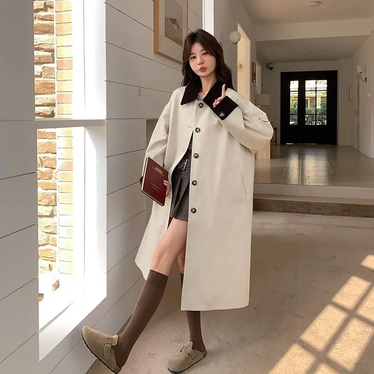 黑白撞色翻领风衣外套女2025年春季新款韩系休闲高级感小个子大衣