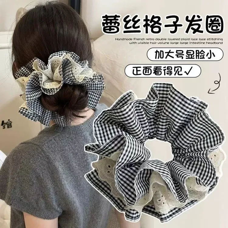 义佰满分百搭千鸟格蕾丝发圈加大号发圈芭蕾风头花头绳气质发饰