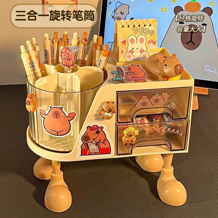 卡皮巴拉旋转笔筒学生桌面儿童男孩女孩创意可爱多功能笔桶