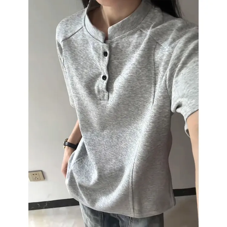 美式痞帅高级感t恤男款夏季亨利领短袖正肩cleanfit太空棉半截袖