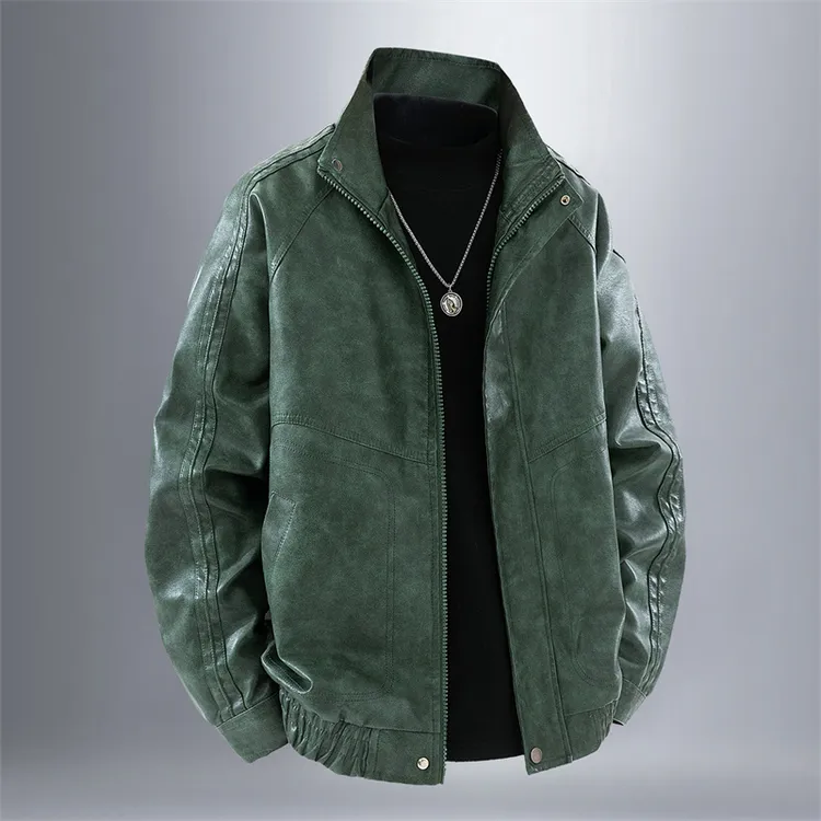 男皮衣夹克外套百搭美式潮牌飞行员PU皮刺绣立领宽松大码男士时尚