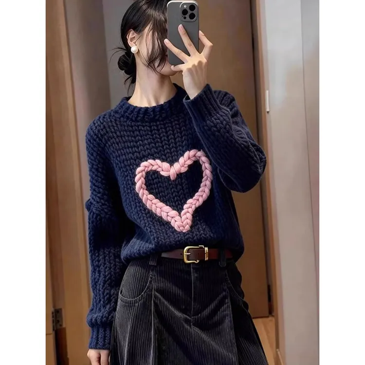 冬季爆款复古甜心风爱心毛衣女藏蓝色慵懒高级感针织上衣时尚新款